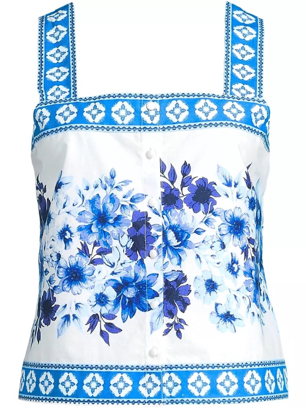Lands' End White Tank Top with Blue Floral Print